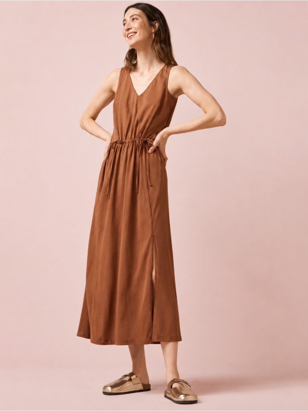 Athleta Echo Dress - Sleeveless V-Neck Drawstring Maxi Dress in Copper - Small